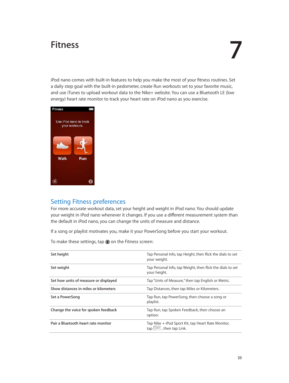 Chapter 7: fitness, Setting fitness preferences, 33 setting fitness preferences | Fitness | Apple iPod nano (7th generation) User Manual | Page 33 / 68