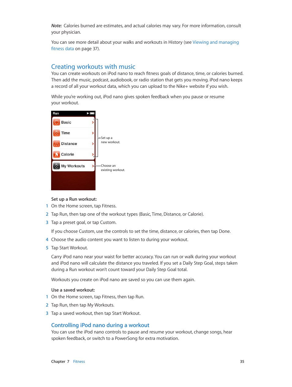 Creating workouts with music, 35 creating workouts with music, Controlling ipod nano during a workout | Apple iPod nano (7th generation) User Manual | Page 35 / 68