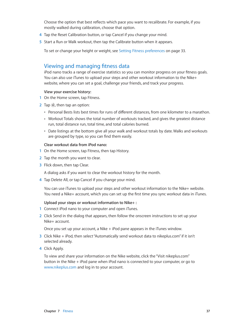 Viewing and managing fitness data, 37 viewing and managing fitness data, Y (see | Viewing and managing, Fitness data | Apple iPod nano (7th generation) User Manual | Page 37 / 68