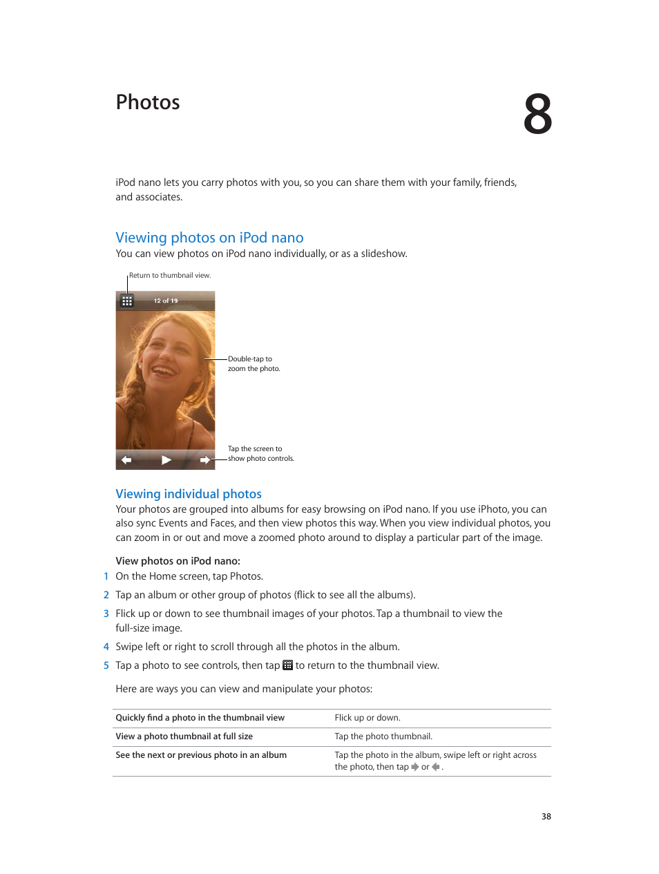Chapter 8: photos, Viewing photos on ipod nano, 38 viewing photos on ipod nano | Photos | Apple iPod nano (7th generation) User Manual | Page 38 / 68