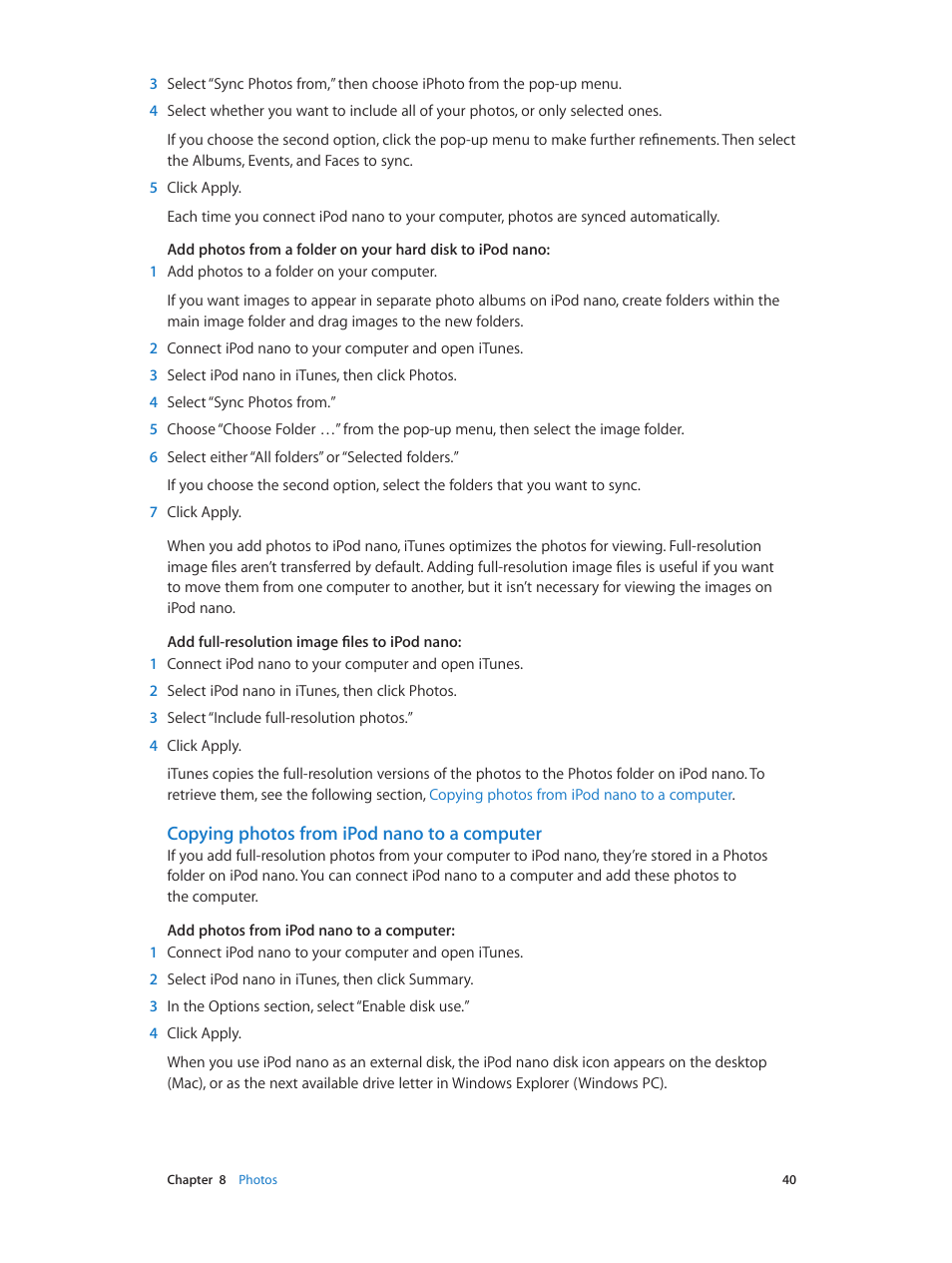 Copying photos from ipod nano to a computer | Apple iPod nano (7th generation) User Manual | Page 40 / 68