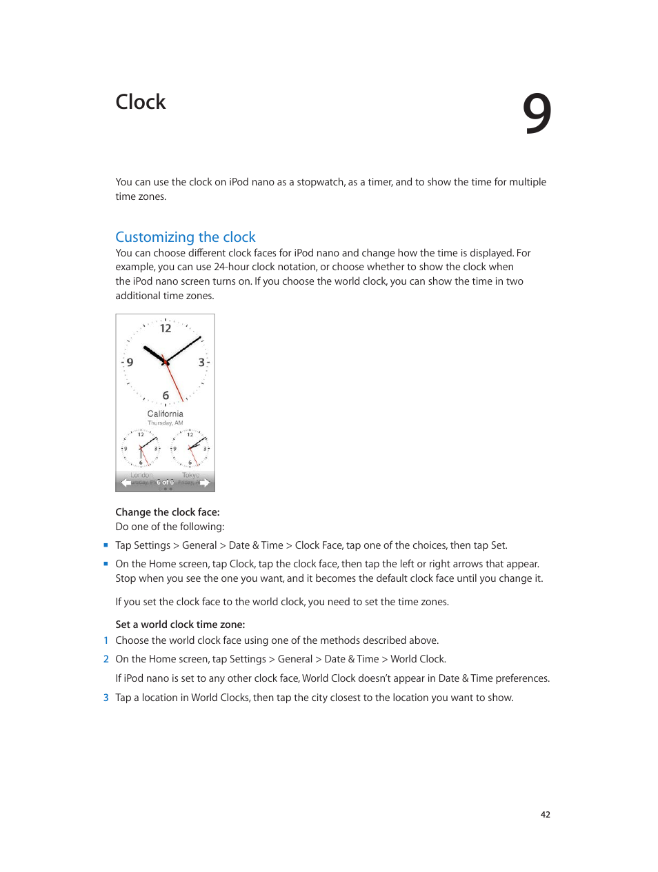 Chapter 9: clock, Customizing the clock, 42 customizing the clock | Clock | Apple iPod nano (7th generation) User Manual | Page 42 / 68