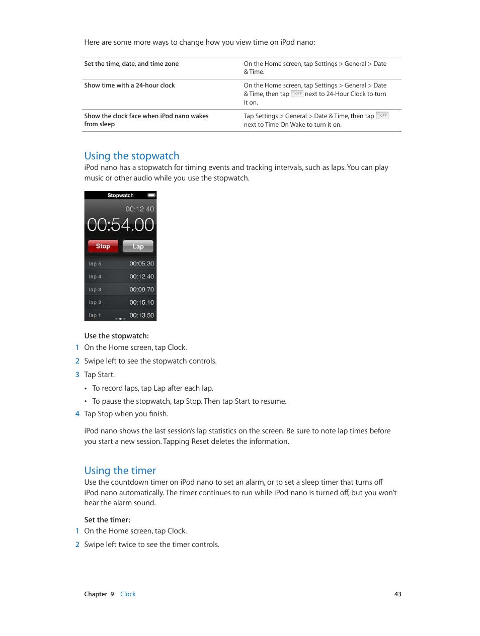 Using the stopwatch, Using the timer, 43 using the stopwatch 43 using the timer | Apple iPod nano (7th generation) User Manual | Page 43 / 68