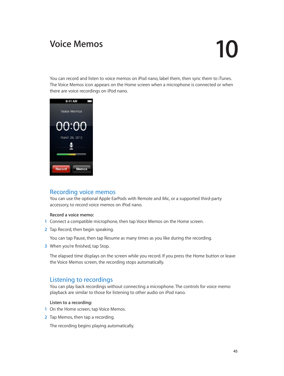 Chapter 10: voice memos, Recording voice memos, Listening to recordings | Apple iPod nano (7th generation) User Manual | Page 45 / 68