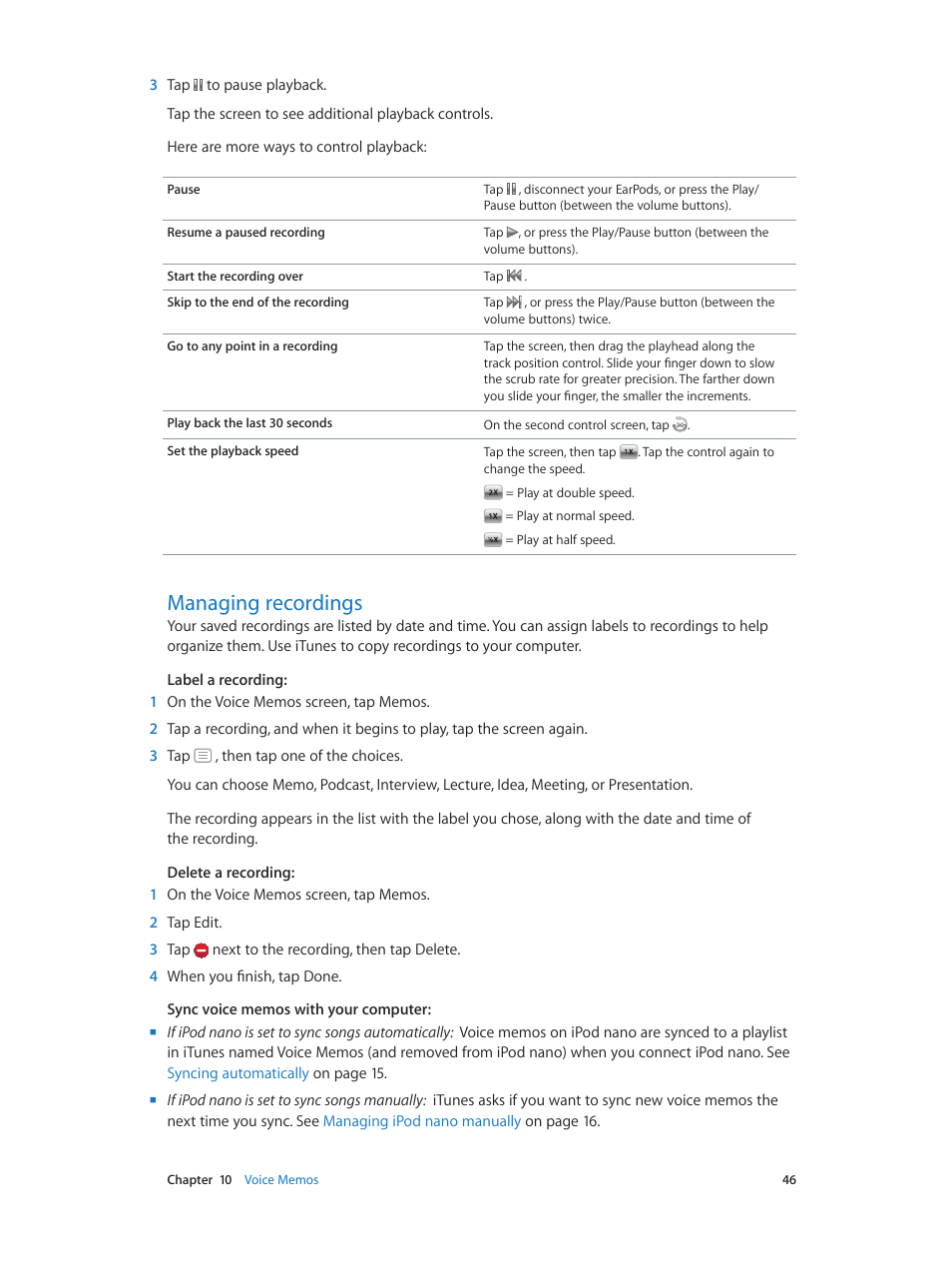 Managing recordings, 46 managing recordings | Apple iPod nano (7th generation) User Manual | Page 46 / 68