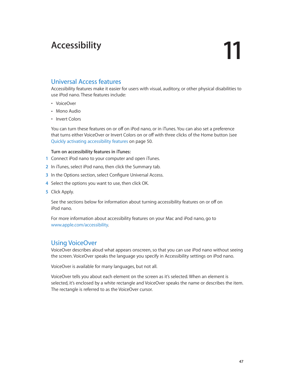 Chapter 11: accessibility, Universal access features, Using voiceover | 47 universal access features 47 using voiceover, Accessibility | Apple iPod nano (7th generation) User Manual | Page 47 / 68