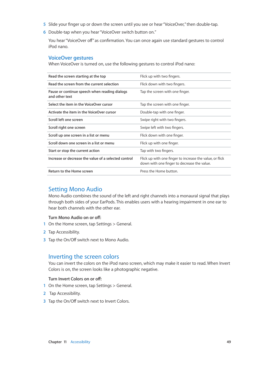 Setting mono audio, Inverting the screen colors, Voiceover gestures | Apple iPod nano (7th generation) User Manual | Page 49 / 68