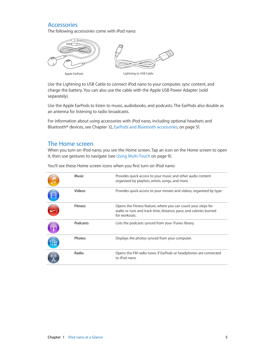 Accessories, The home screen | Apple iPod nano (7th generation) User Manual | Page 5 / 68