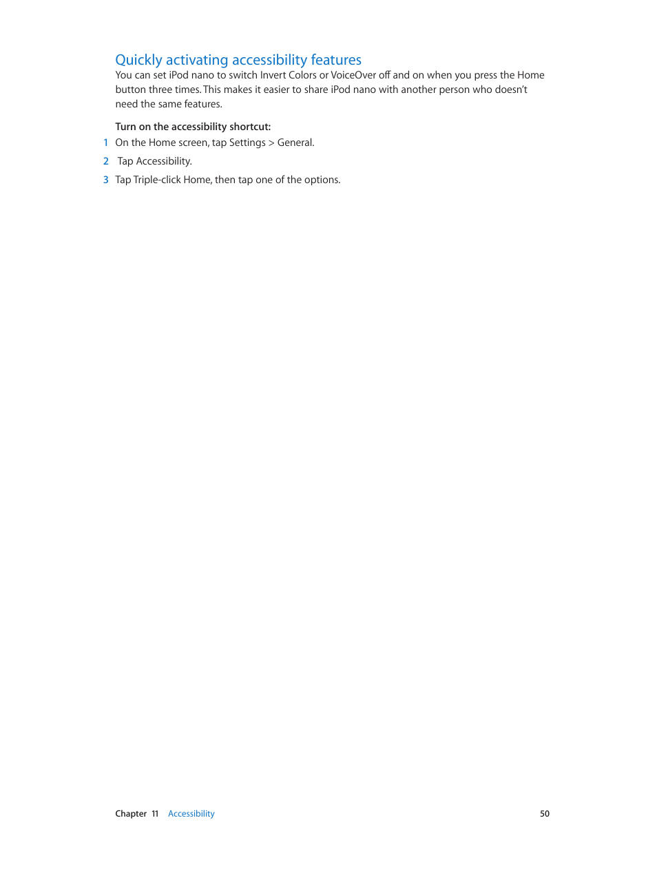 Quickly activating accessibility features, 50 quickly activating accessibility features | Apple iPod nano (7th generation) User Manual | Page 50 / 68