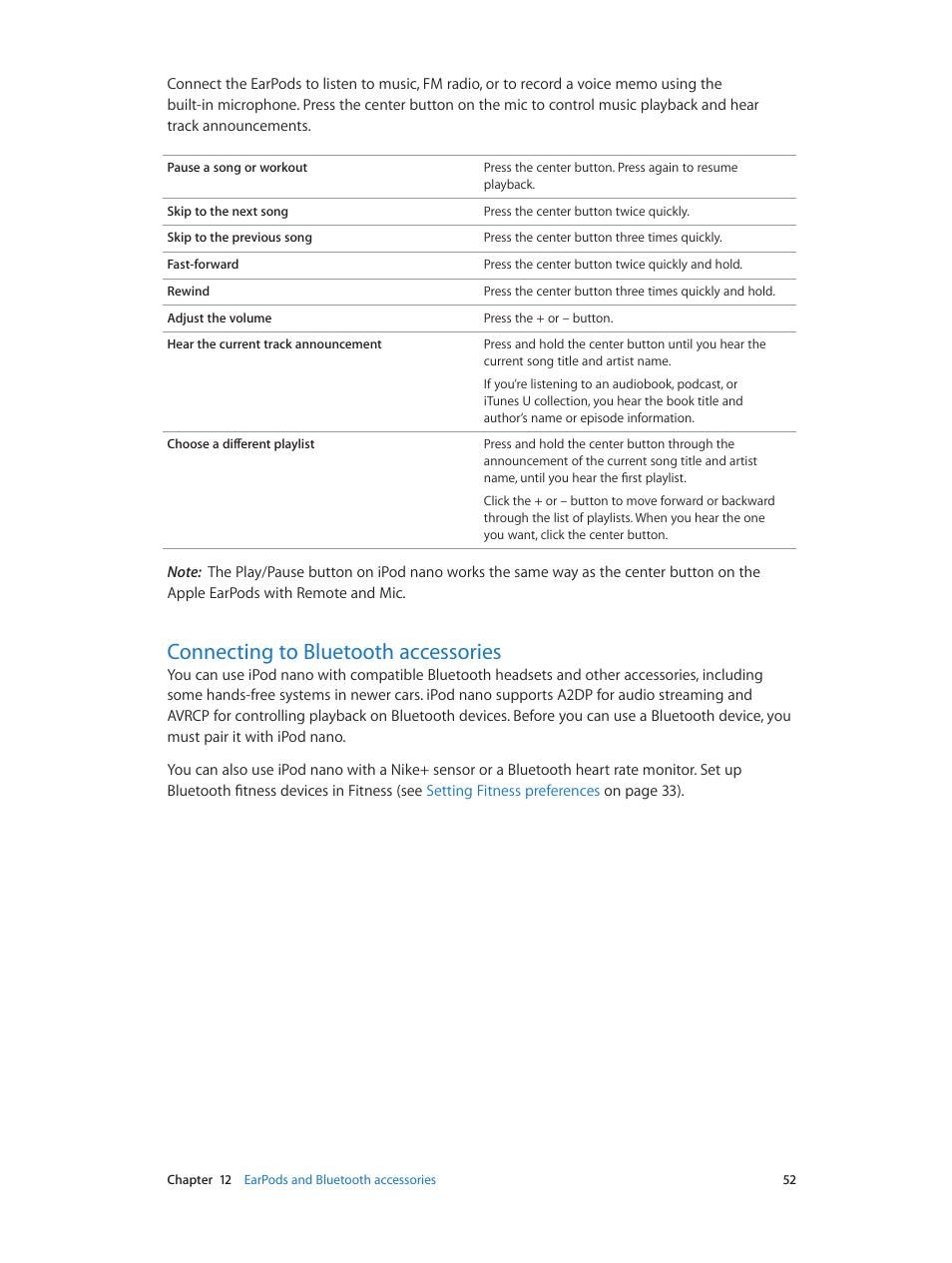 Connecting to bluetooth accessories, 52 connecting to bluetooth accessories | Apple iPod nano (7th generation) User Manual | Page 52 / 68