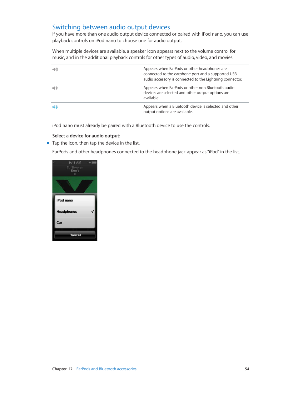 Switching between audio output devices, 54 switching between audio output devices | Apple iPod nano (7th generation) User Manual | Page 54 / 68