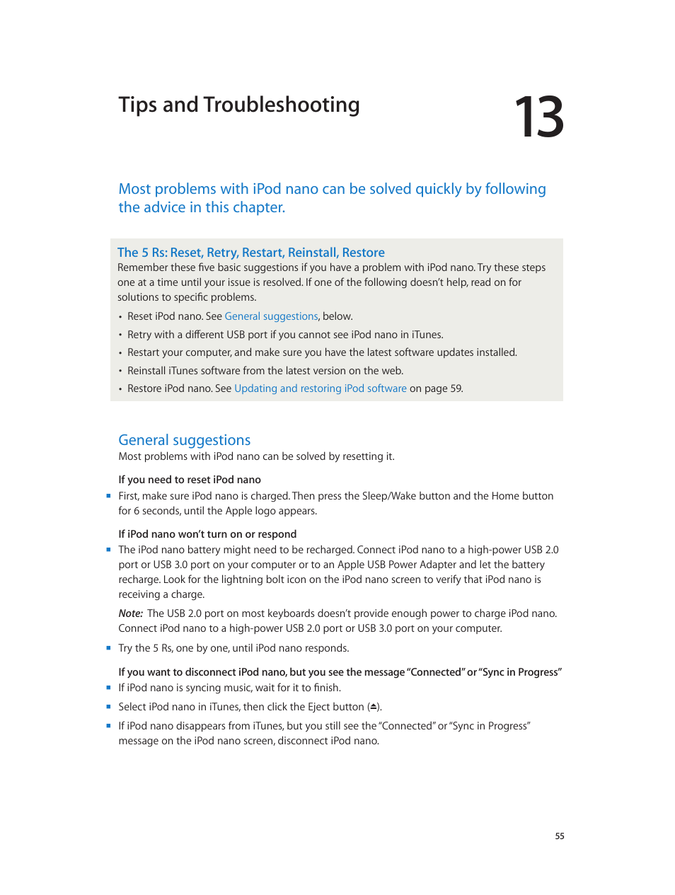 Chapter 13: tips and troubleshooting, General suggestions, 55 general suggestions | Tips and troubleshooting | Apple iPod nano (7th generation) User Manual | Page 55 / 68