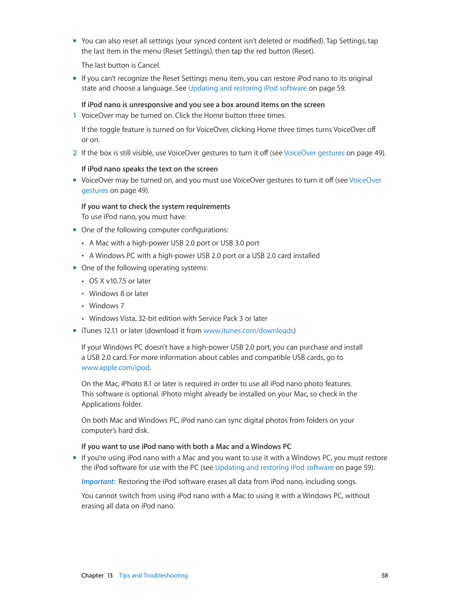 If you want to check the system, Requirements | Apple iPod nano (7th generation) User Manual | Page 58 / 68