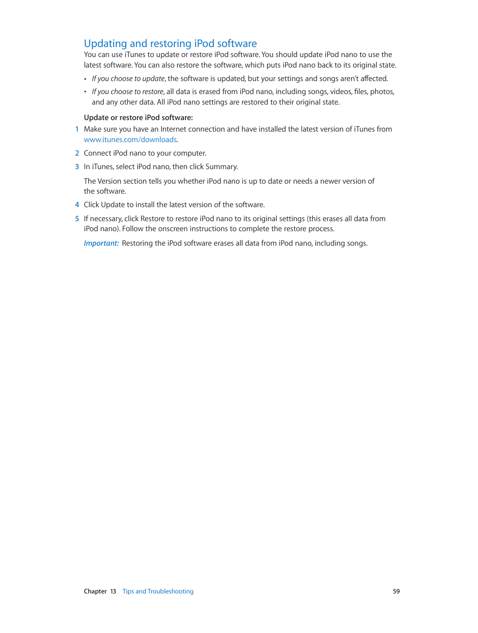 Updating and restoring ipod software, 59 updating and restoring ipod software, C (see | Apple iPod nano (7th generation) User Manual | Page 59 / 68