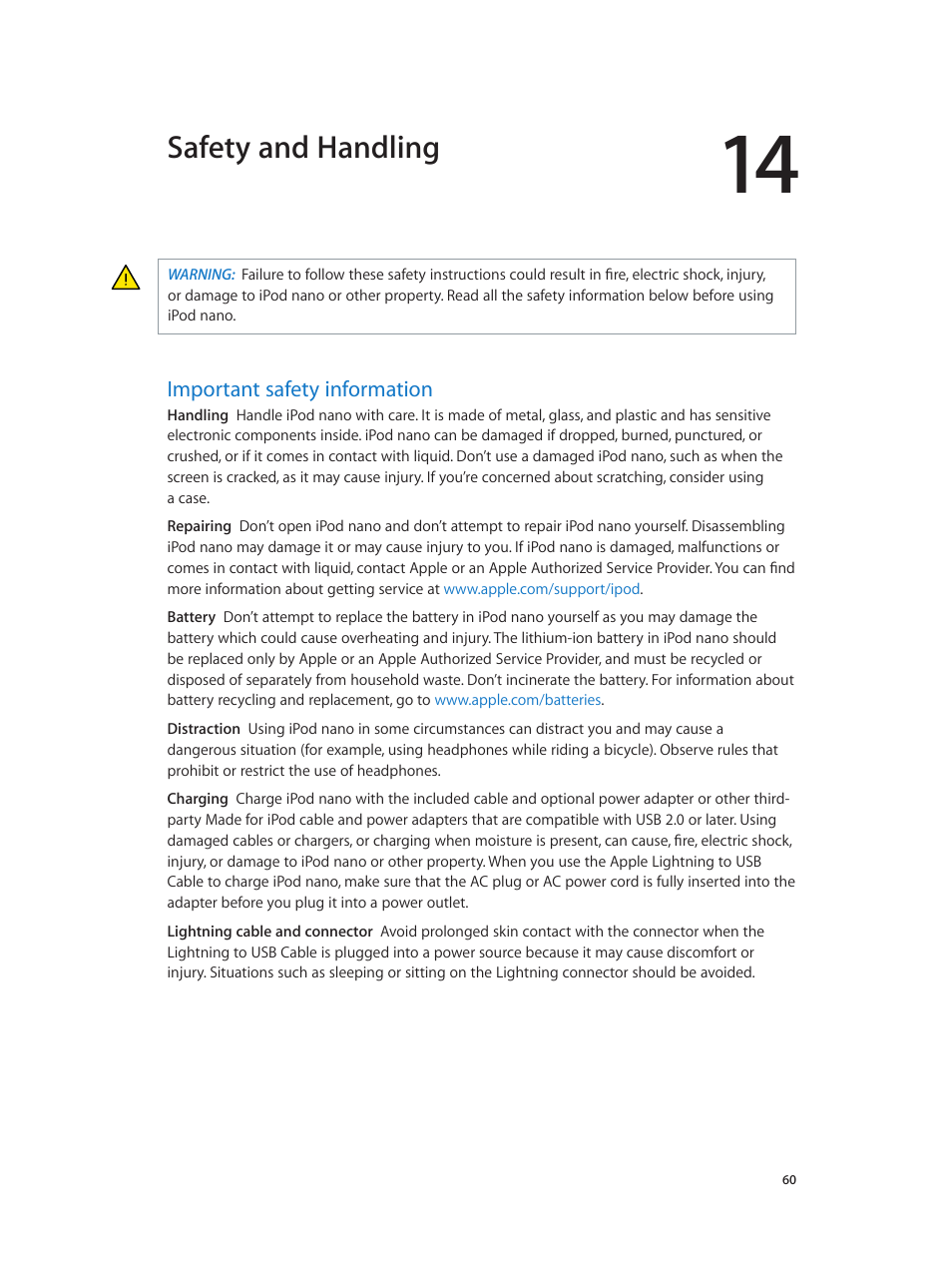 Chapter 14: safety and handling, Important safety information, 60 important safety information | 60 b, Safety and, Handling, Safety and handling | Apple iPod nano (7th generation) User Manual | Page 60 / 68