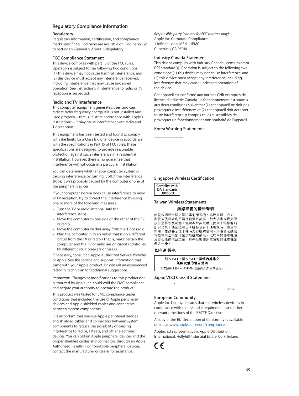 Regulatory compliance information, 65 regulatory compliance information | Apple iPod nano (7th generation) User Manual | Page 65 / 68