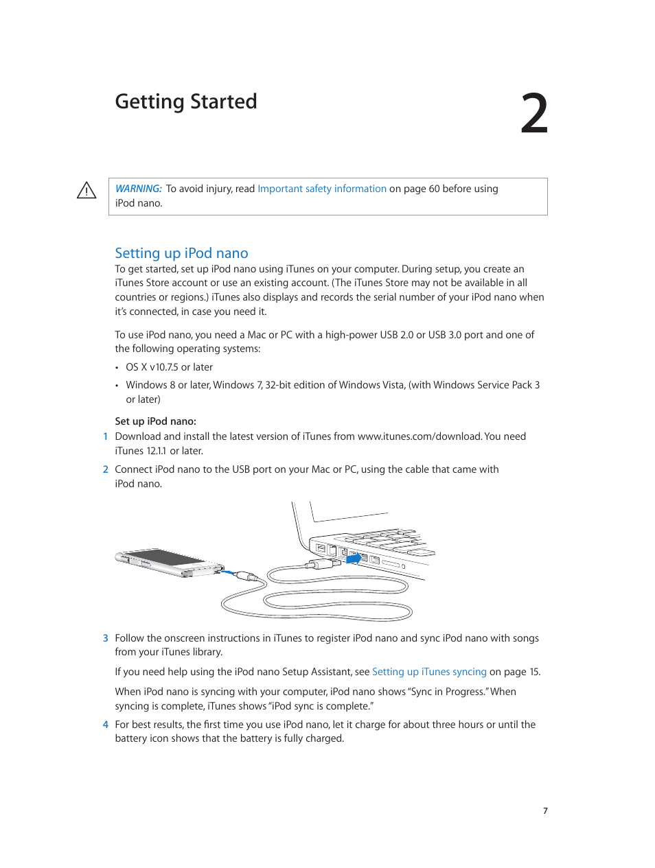 Chapter 2: getting started, Setting up ipod nano, Getting started | Apple iPod nano (7th generation) User Manual | Page 7 / 68