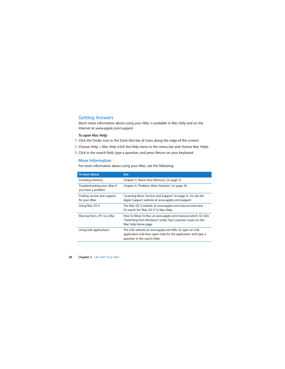 Getting answers | Apple Intel-based iMac (Mid 2007) User Manual | Page 28 / 76