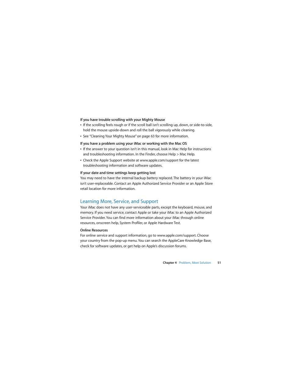 See “learning more, service, and support, Learning more, service, and support | Apple Intel-based iMac (Mid 2007) User Manual | Page 51 / 76