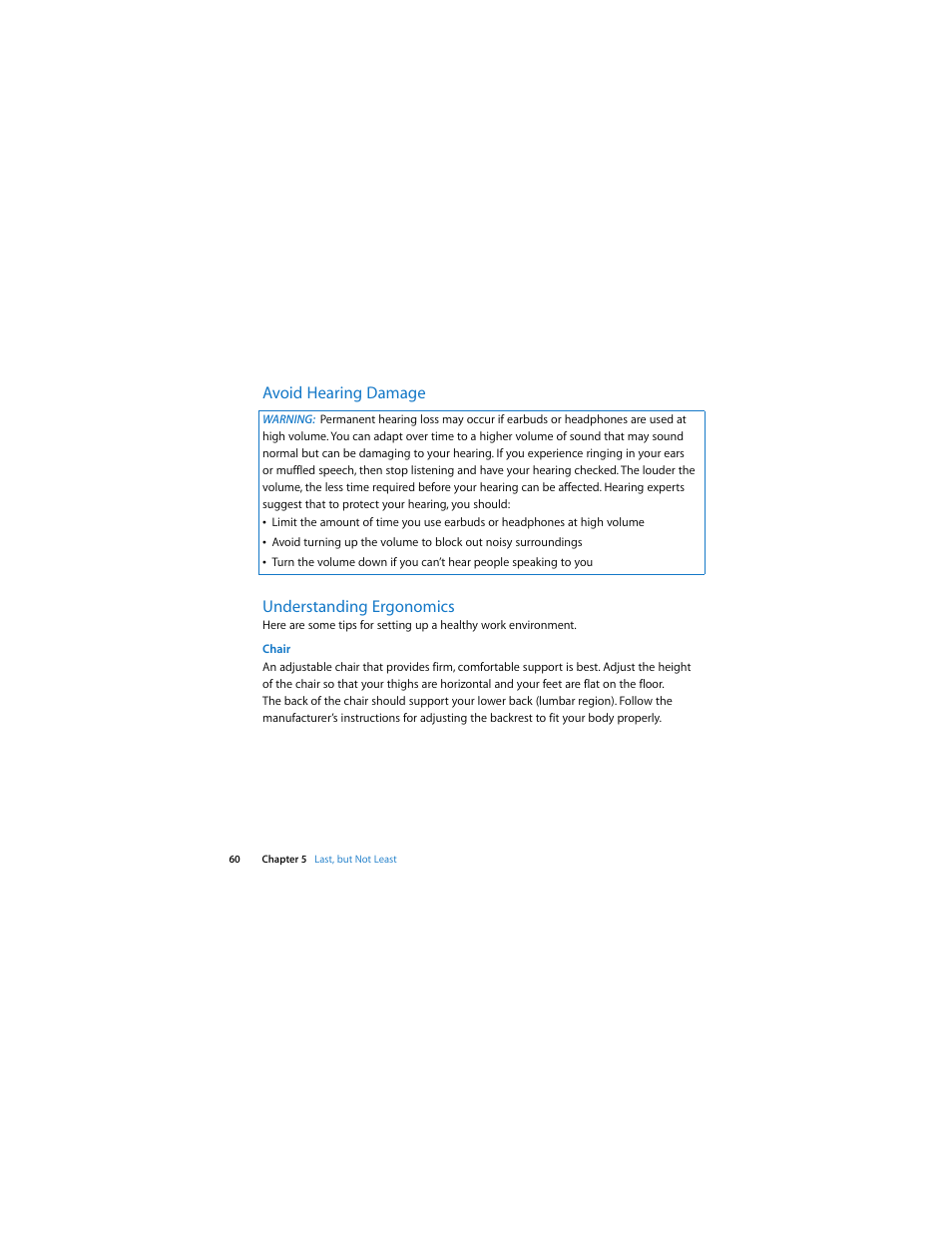 Avoid hearing damage understanding ergonomics | Apple Intel-based iMac (Mid 2007) User Manual | Page 60 / 76