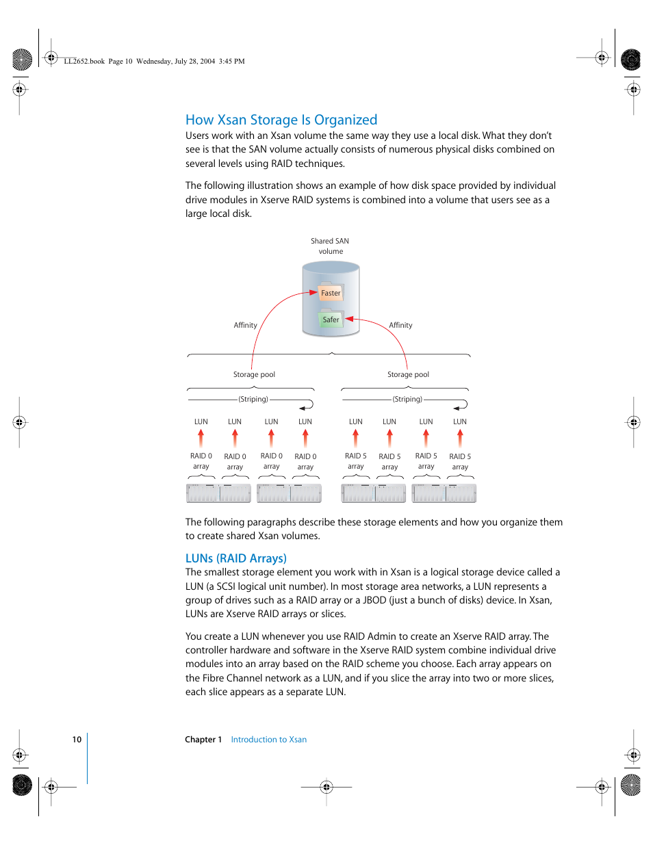 How xsan storage is organized, Luns (raid arrays) | Apple Xsan 1.0 User Manual | Page 10 / 43