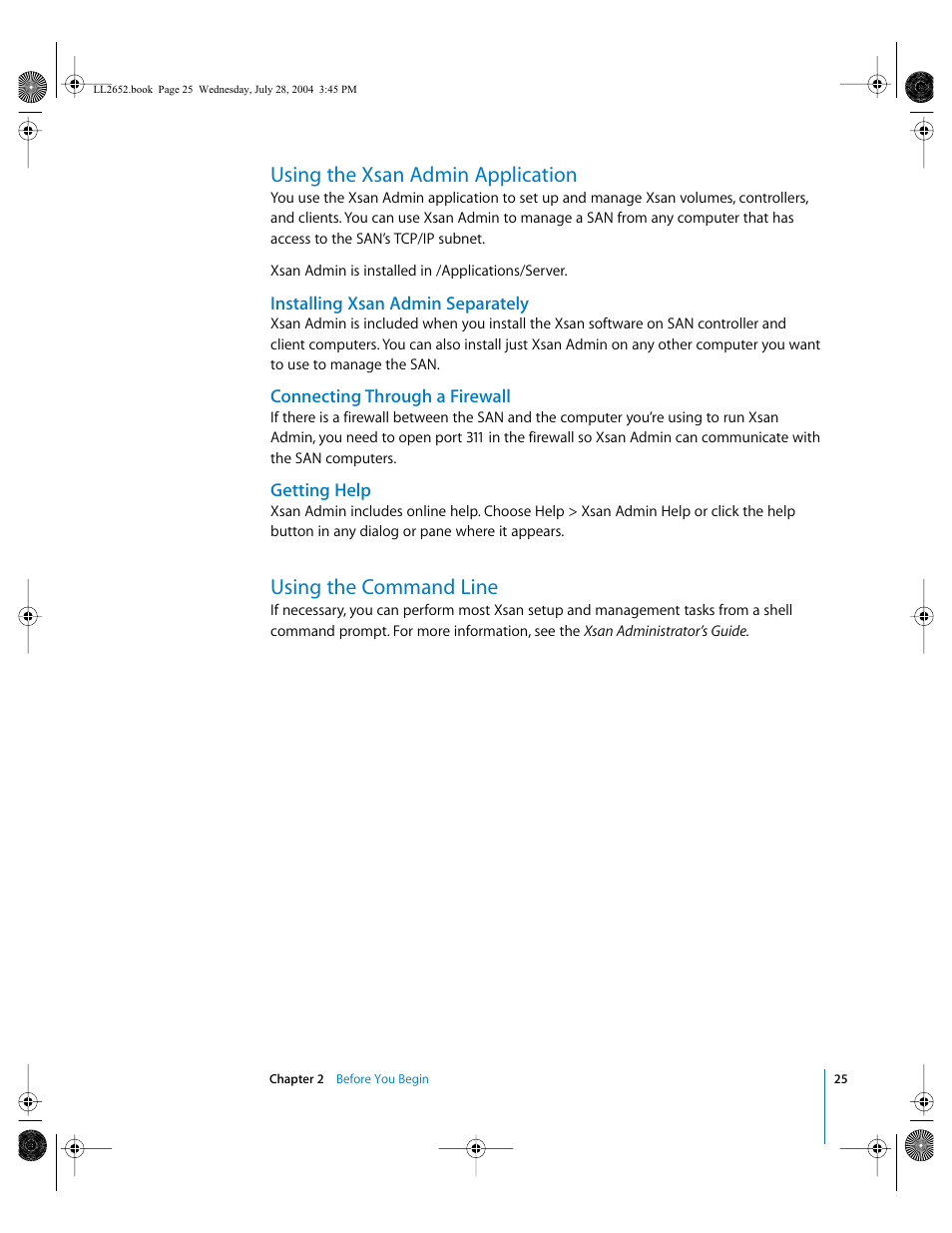 Using the xsan admin application, Installing xsan admin separately, Connecting through a firewall | Getting help, Using the command line | Apple Xsan 1.0 User Manual | Page 25 / 43
