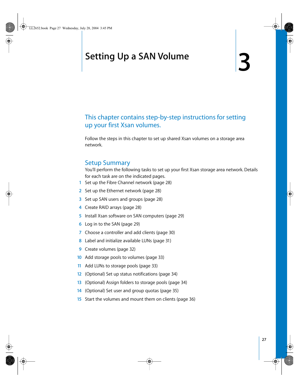 Setting up a san volume, Setup summary, Chapter | Apple Xsan 1.0 User Manual | Page 27 / 43