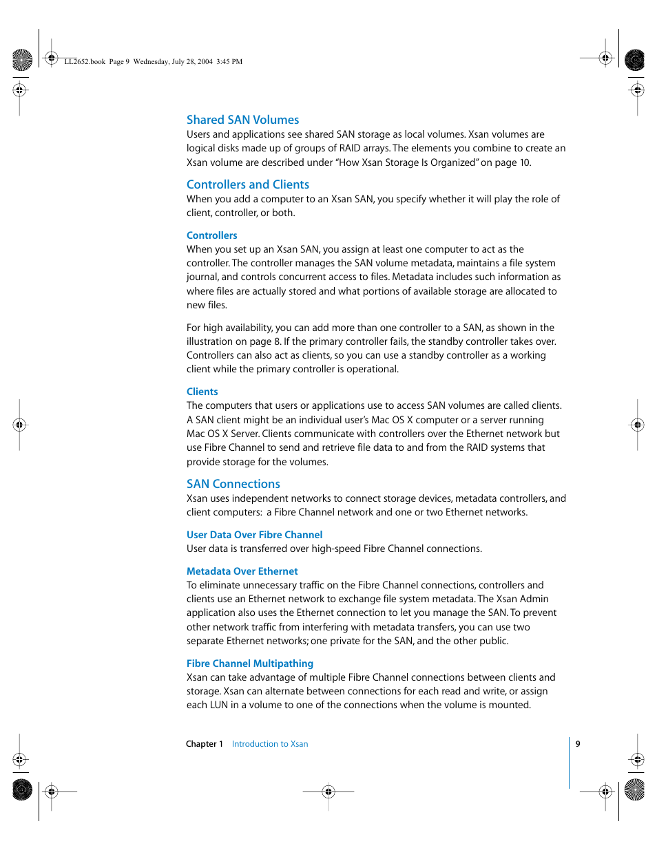 Shared san volumes, Controllers and clients, San connections | Apple Xsan 1.0 User Manual | Page 9 / 43
