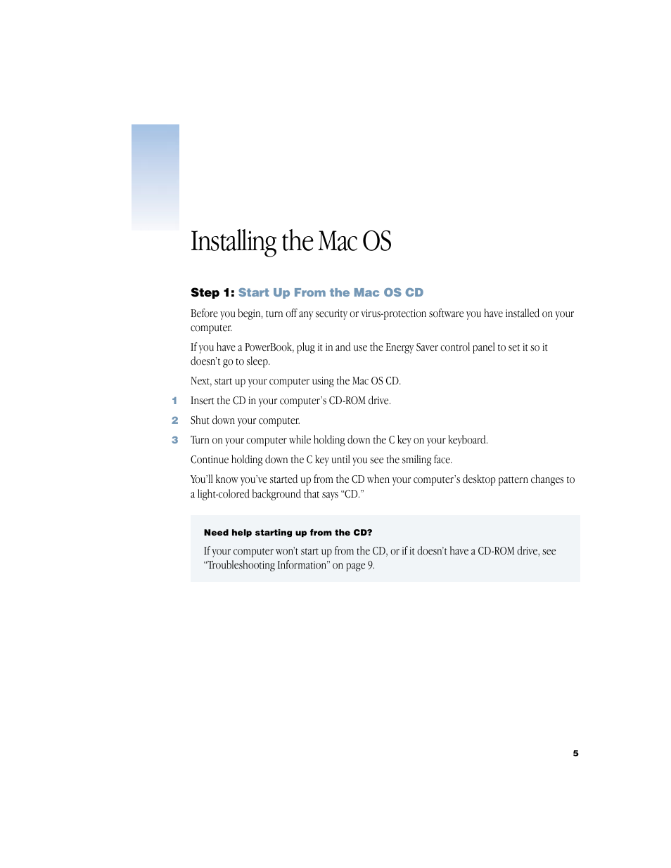 Installing the mac os | Apple Mac OS 9 User Manual | Page 5 / 14