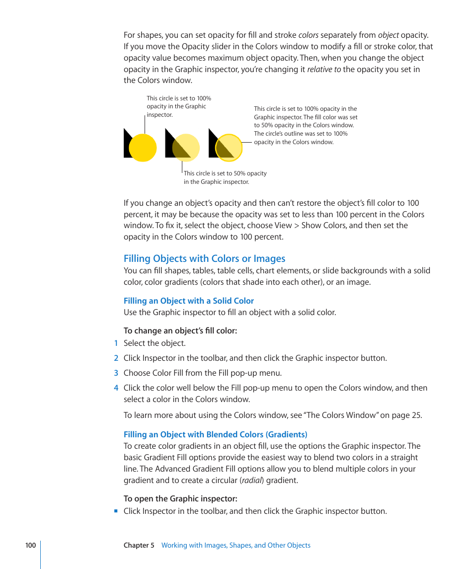 Filling objects with colors or images, Filling an object with a solid color, 100 and | Apple Keynote '09 User Manual | Page 100 / 247