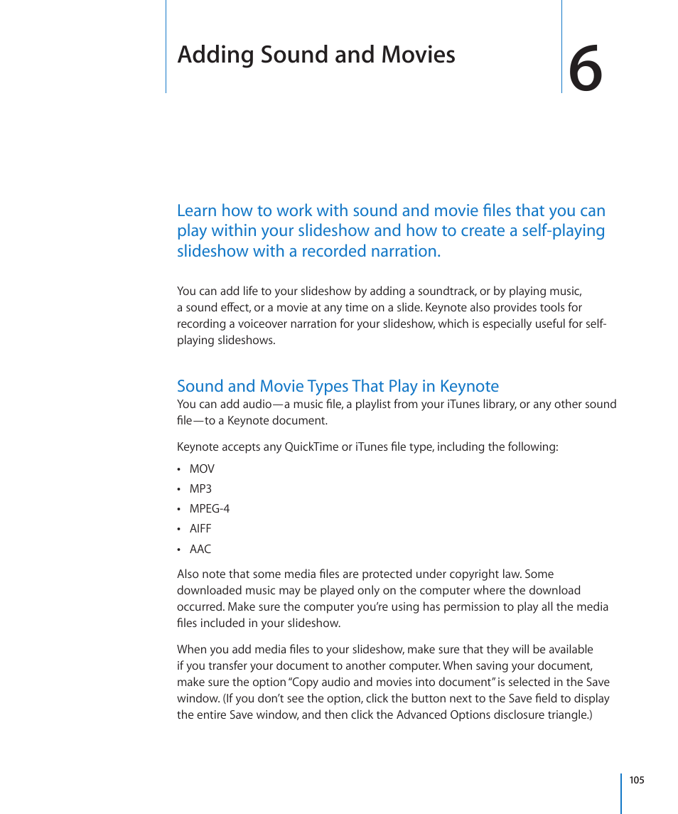 Chapter 6: adding sound and movies, Sound and movie types that play in keynote, Chapter 6: adding sound and movies | 105 sound and movie types that play in keynote, Adding sound and movies | Apple Keynote '09 User Manual | Page 105 / 247