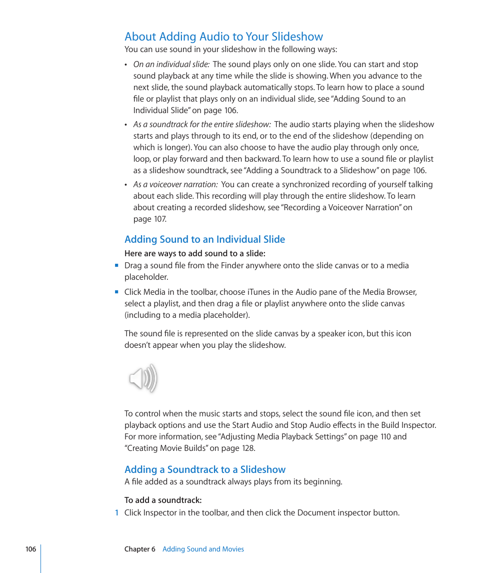About adding audio to your slideshow, Adding sound to an individual slide, Adding a soundtrack to a slideshow | 106 about adding audio to your slideshow 106 | Apple Keynote '09 User Manual | Page 106 / 247