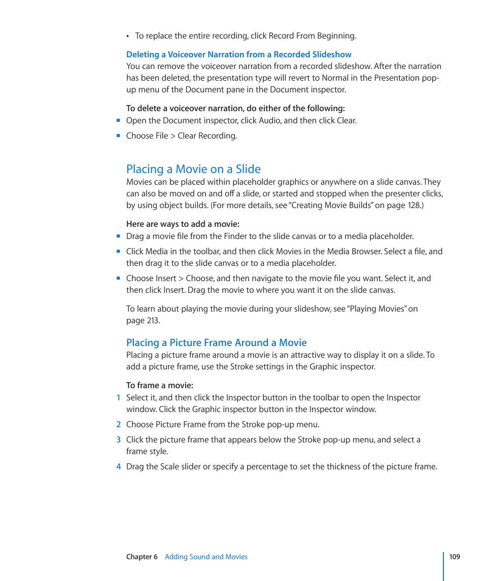 Placing a movie on a slide, Placing a picture frame around a movie, 109 placing a movie on a slide 109 | Apple Keynote '09 User Manual | Page 109 / 247