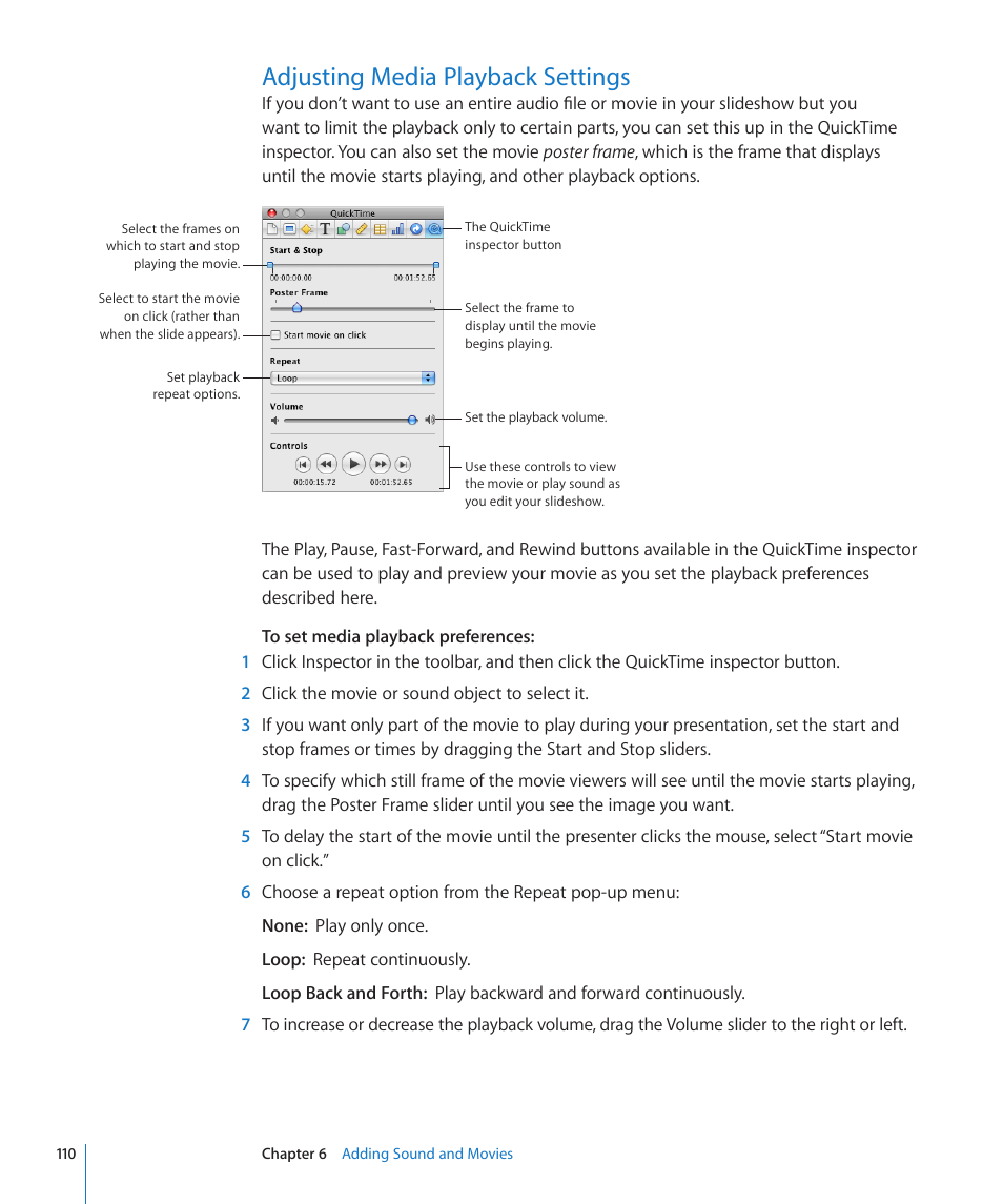 Adjusting media playback settings, 110 adjusting media playback settings | Apple Keynote '09 User Manual | Page 110 / 247