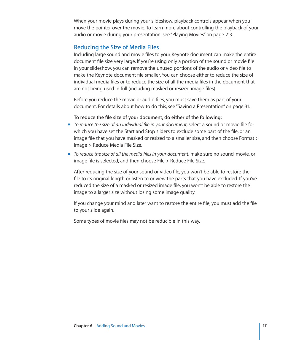 Reducing the size of media files | Apple Keynote '09 User Manual | Page 111 / 247