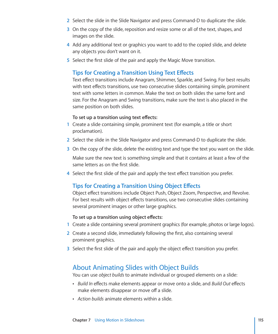 Tips for creating a transition using text effects, About animating slides with object builds, 115 about animating slides with object builds | Apple Keynote '09 User Manual | Page 115 / 247