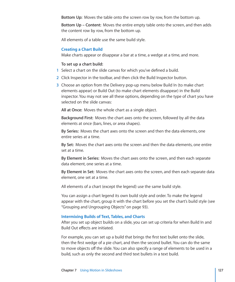 Intermixing builds of text, tables, and charts | Apple Keynote '09 User Manual | Page 127 / 247