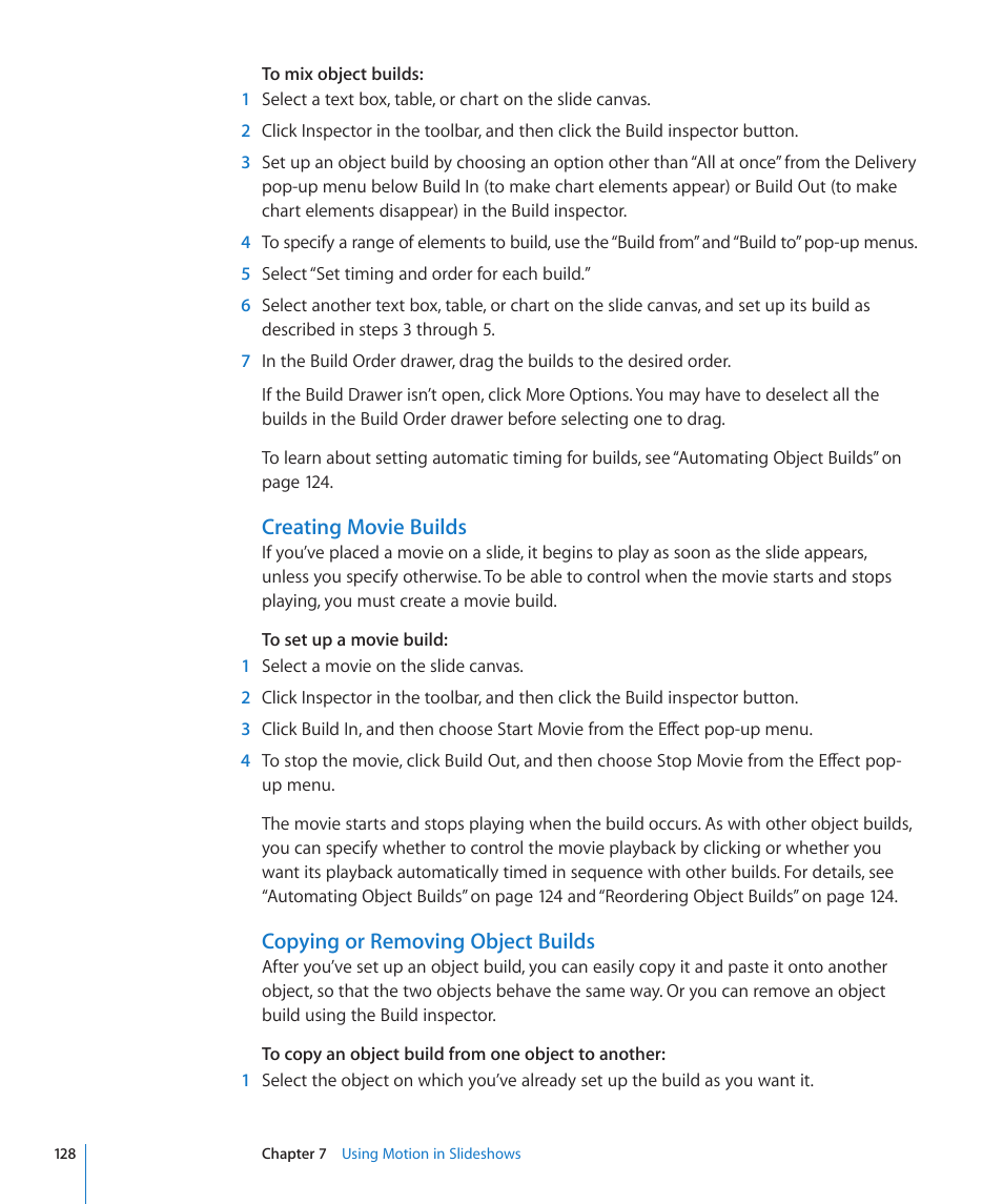 Creating movie builds, Copying or removing object builds | Apple Keynote '09 User Manual | Page 128 / 247