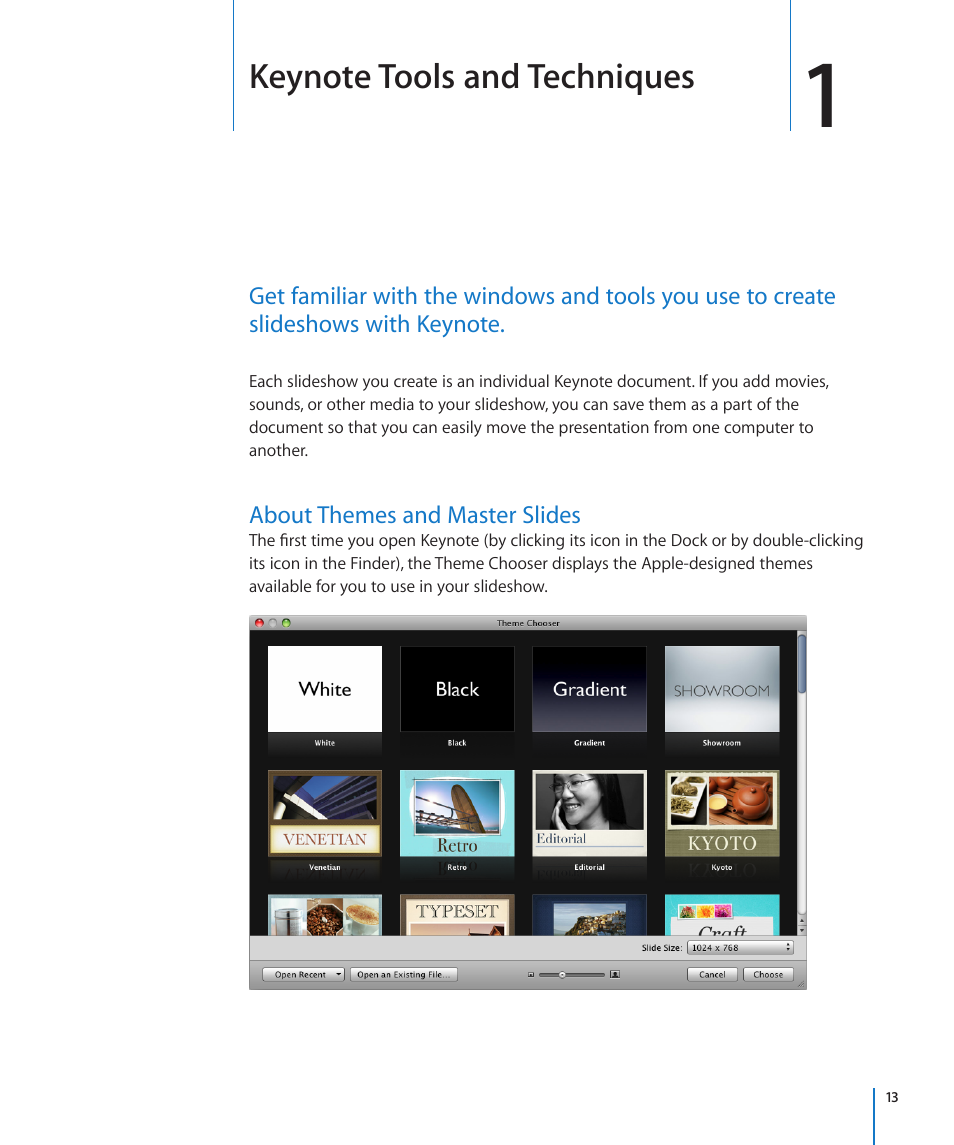 Chapter 1: keynote tools and techniques, About themes and master slides, Chapter 1: keynote tools and techniques | Apple Keynote '09 User Manual | Page 13 / 247