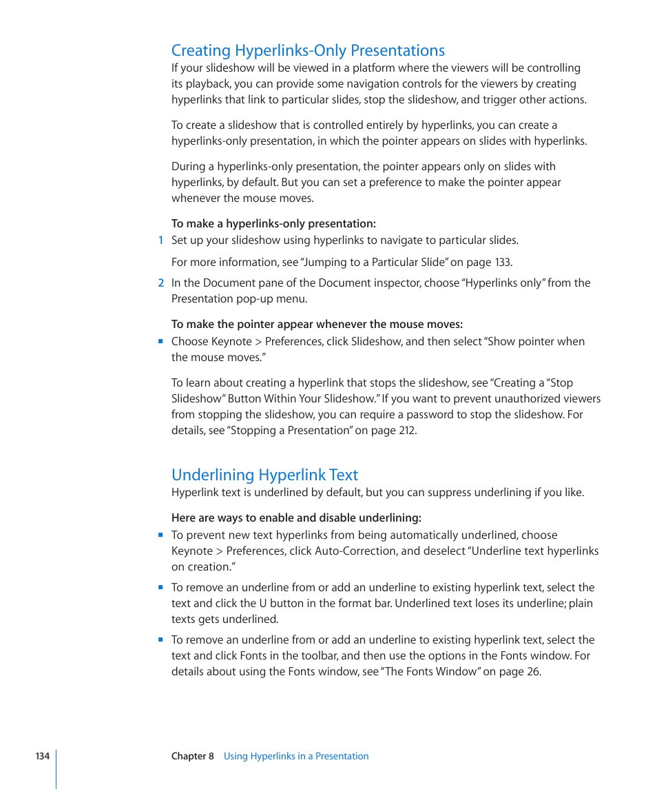 Creating hyperlinks-only presentations, Underlining hyperlink text | Apple Keynote '09 User Manual | Page 134 / 247