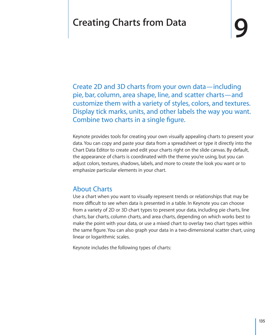 Chapter 9: creating charts from data, About charts, Chapter 9: creating charts from data | 135 about charts, Creating charts from data | Apple Keynote '09 User Manual | Page 135 / 247