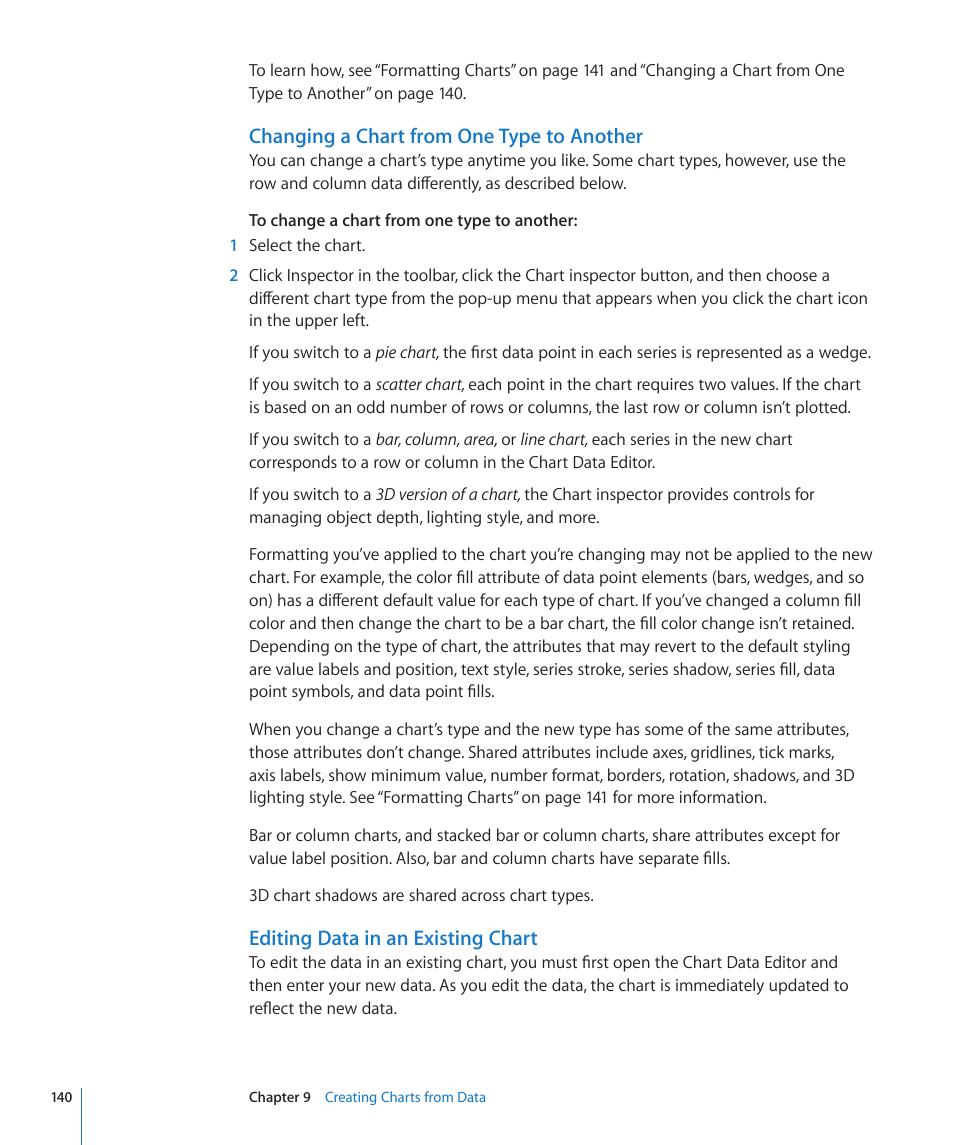 Changing a chart from one type to another, Editing data in an existing chart | Apple Keynote '09 User Manual | Page 140 / 247