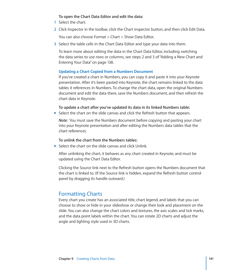 Formatting charts, 141 formatting charts, 141 and | 141 f | Apple Keynote '09 User Manual | Page 141 / 247