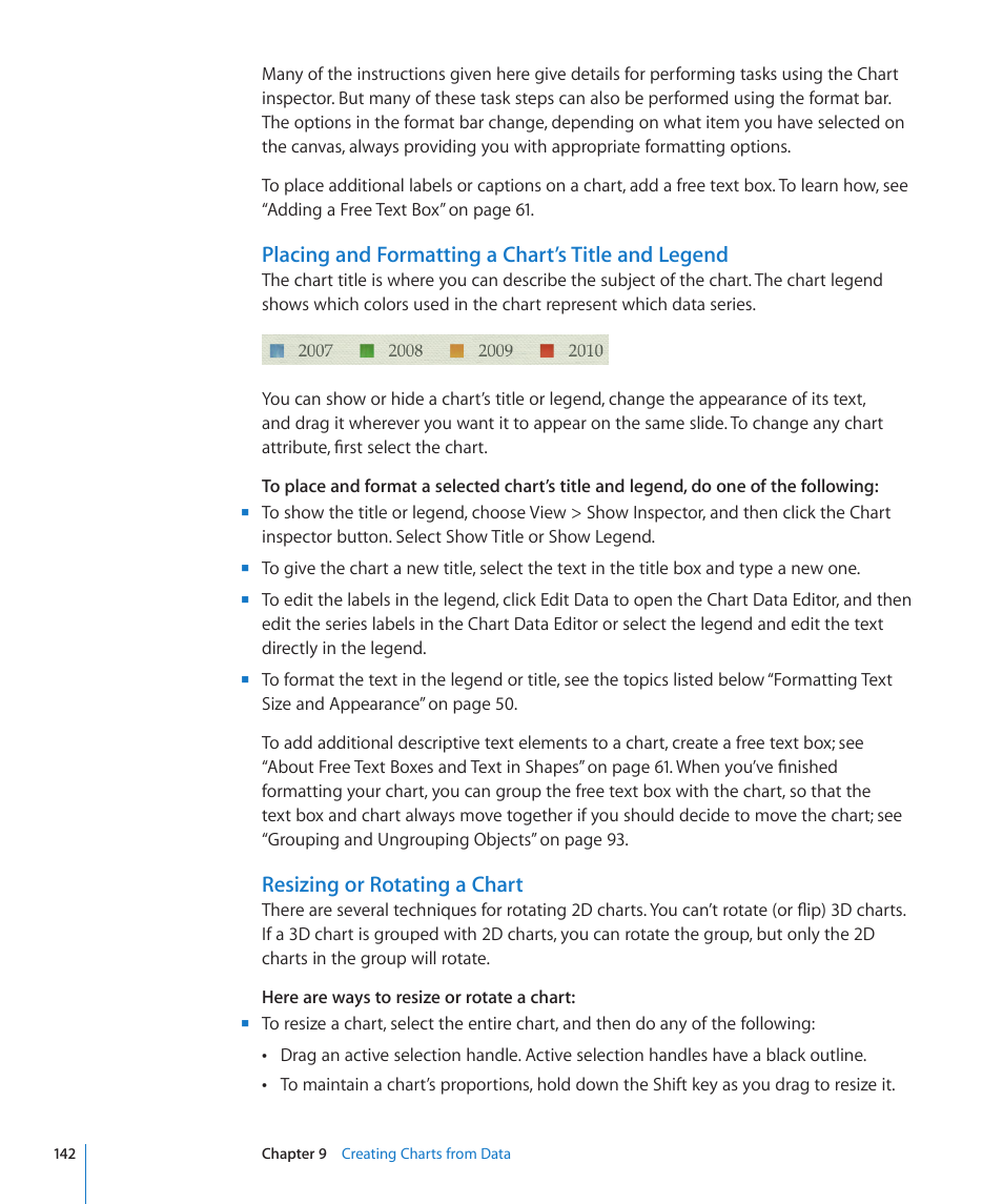 Placing and formatting a chart’s title and legend, Resizing or rotating a chart | Apple Keynote '09 User Manual | Page 142 / 247