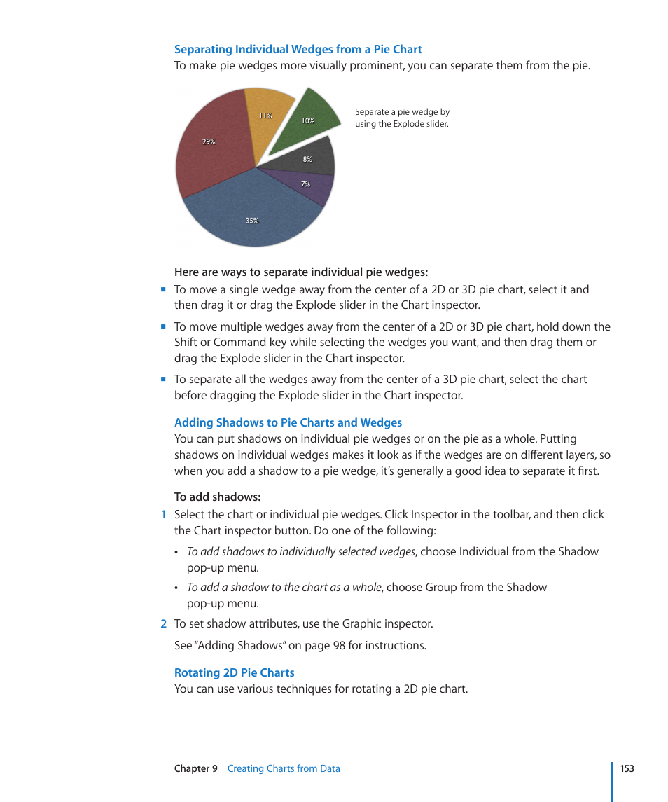 Rotating 2d pie charts, Adding shadows to pie charts and, Wedges | Apple Keynote '09 User Manual | Page 153 / 247