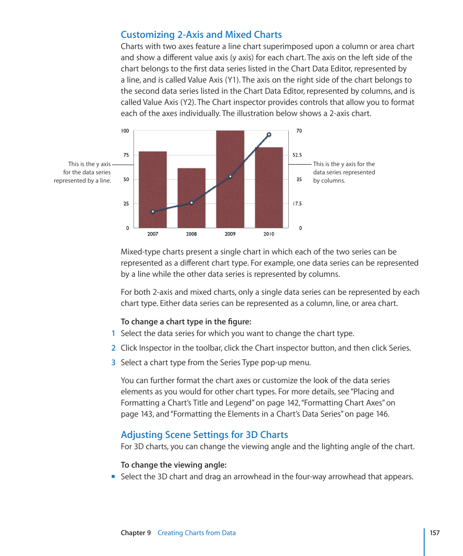 Customizing 2-axis and mixed charts, Adjusting scene settings for 3d charts, Adjusting scene | Settings for 3d charts | Apple Keynote '09 User Manual | Page 157 / 247