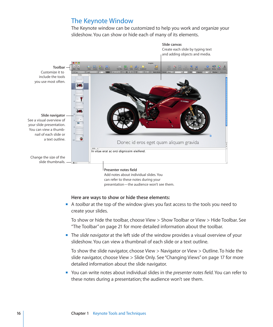 The keynote window, 16 the keynote window | Apple Keynote '09 User Manual | Page 16 / 247