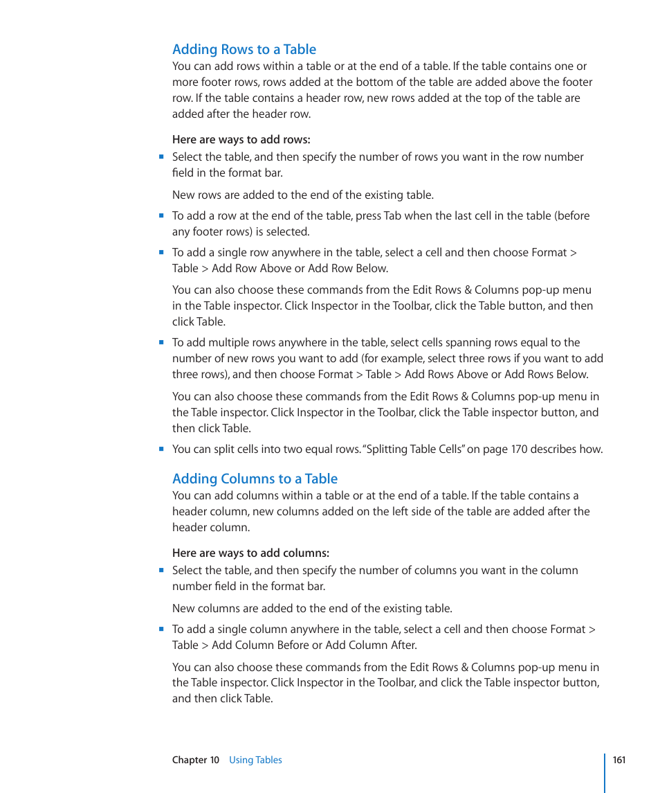 Adding rows to a table, Adding columns to a table | Apple Keynote '09 User Manual | Page 161 / 247