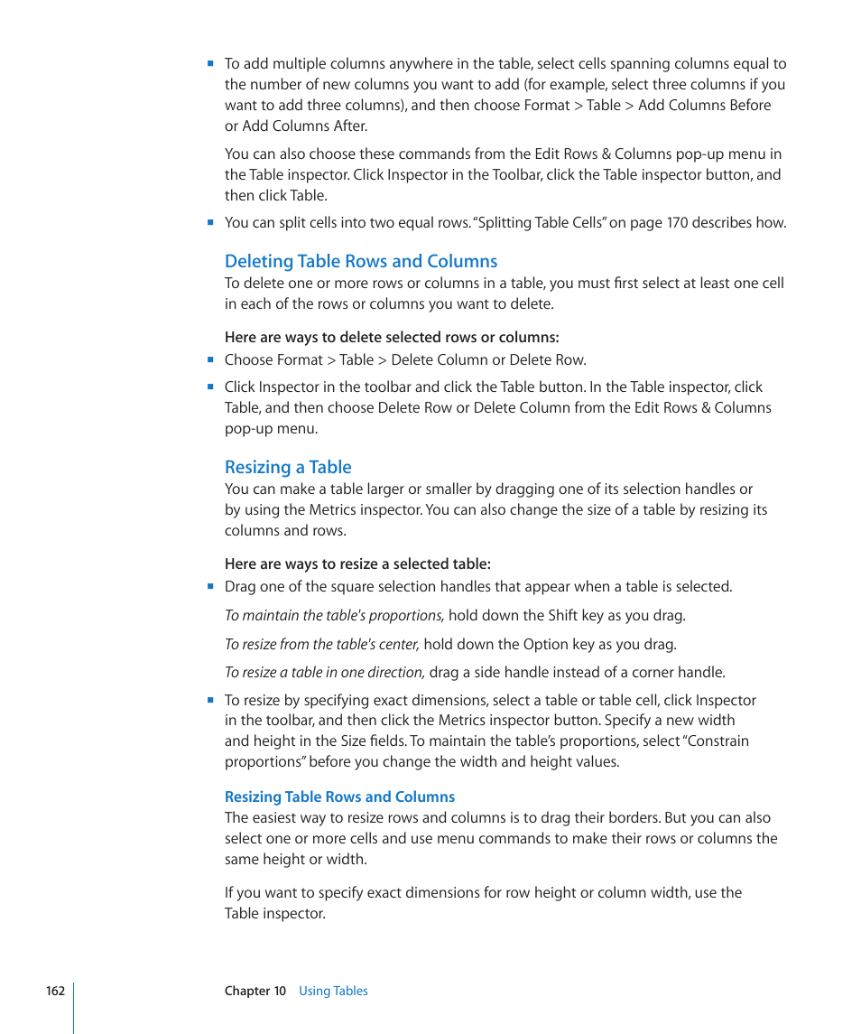 Deleting table rows and columns, Resizing a table | Apple Keynote '09 User Manual | Page 162 / 247