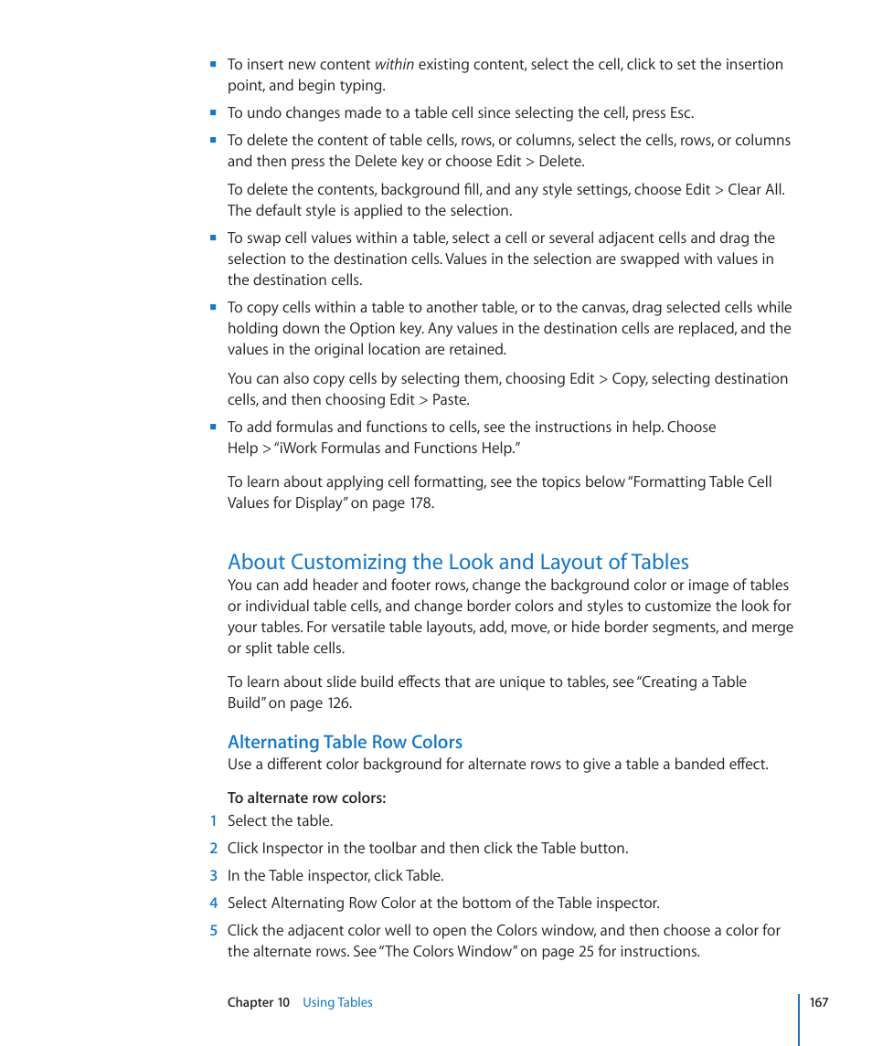 About customizing the look and layout of tables, Alternating table row colors | Apple Keynote '09 User Manual | Page 167 / 247